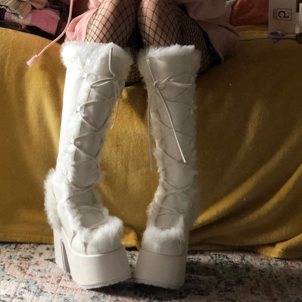 Demonia Camel-311 White Vegan Leather Platform Heel